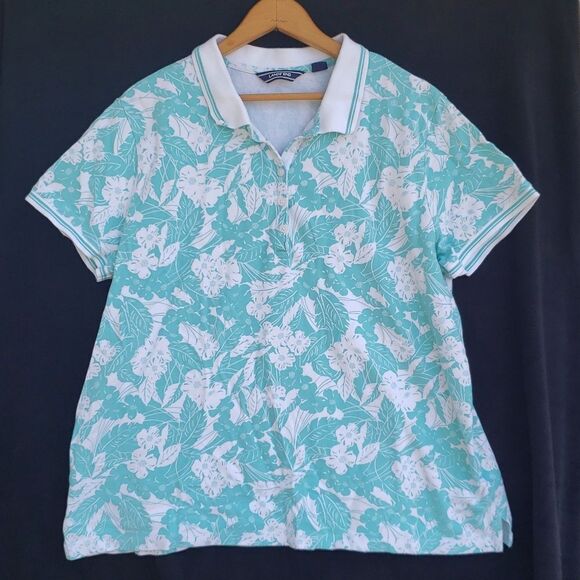 Lands' End Tropical Print Floral Teal White Top Sz XL (18) - Picture 1 of 6